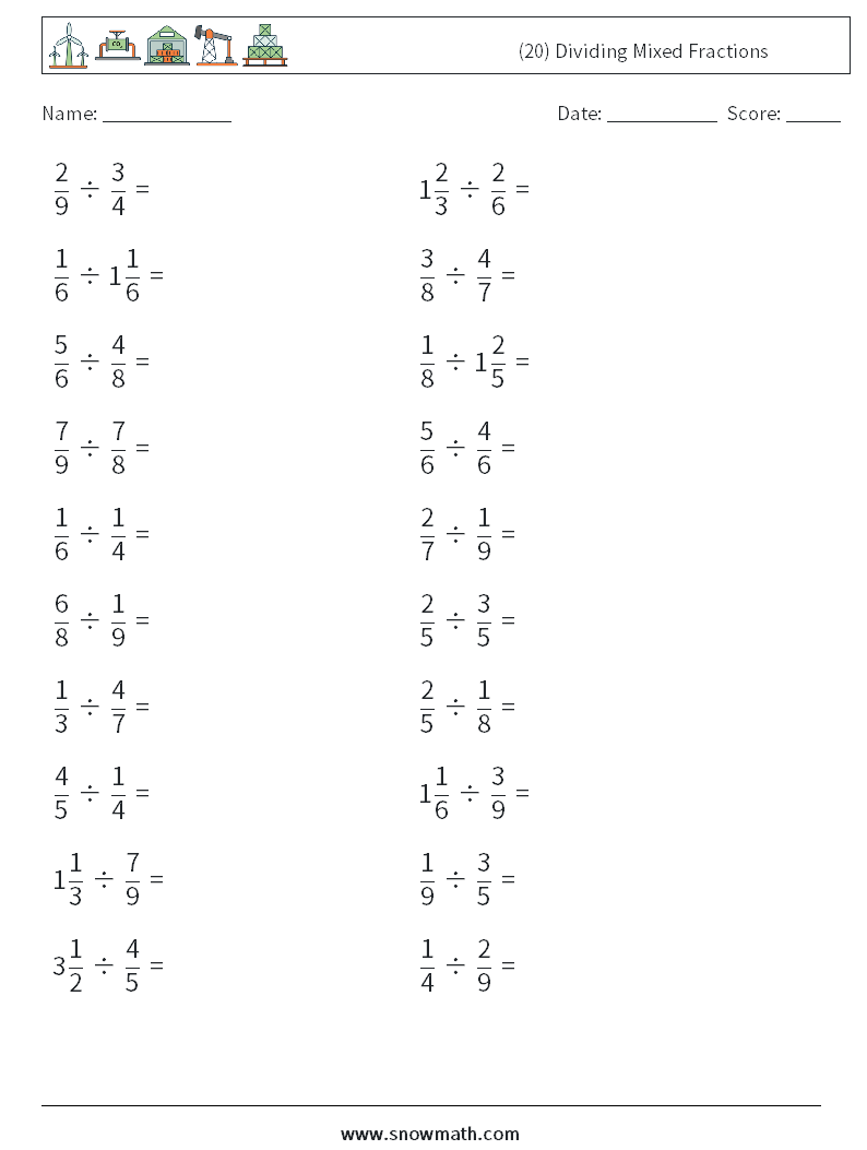 (20) Dividing Mixed Fractions Math Worksheets 5