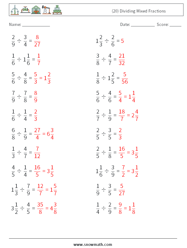 (20) Dividing Mixed Fractions Math Worksheets 5 Question, Answer