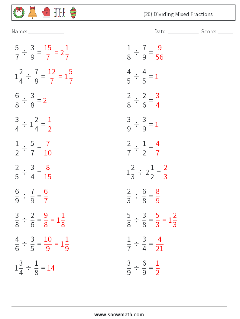 (20) Dividing Mixed Fractions Math Worksheets 6 Question, Answer