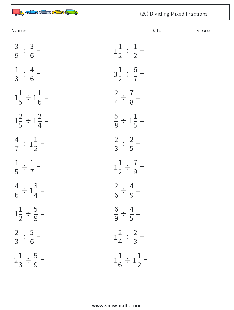 (20) Dividing Mixed Fractions Math Worksheets 7