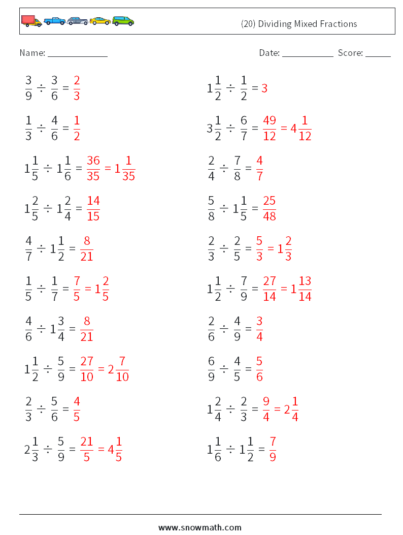 (20) Dividing Mixed Fractions Math Worksheets 7 Question, Answer