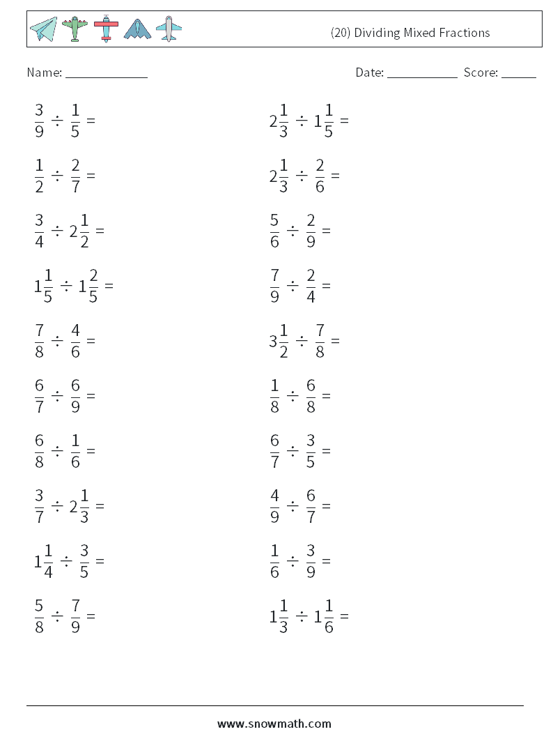 (20) Dividing Mixed Fractions Math Worksheets 8