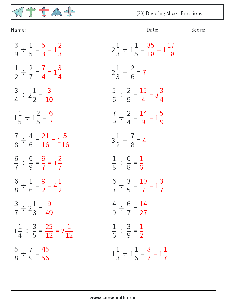 (20) Dividing Mixed Fractions Math Worksheets 8 Question, Answer