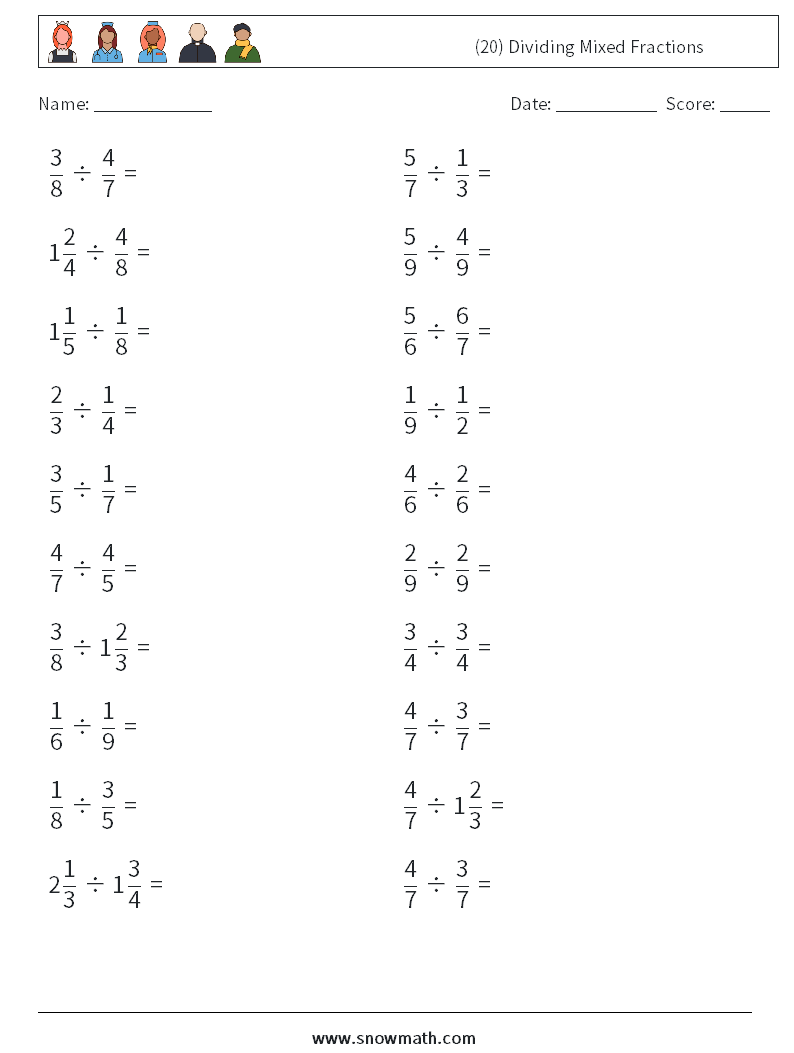 (20) Dividing Mixed Fractions Math Worksheets 9