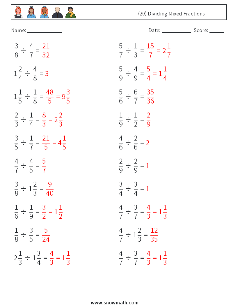 (20) Dividing Mixed Fractions Math Worksheets 9 Question, Answer