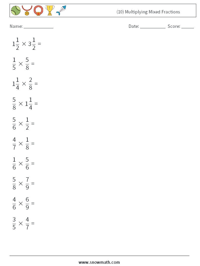 (10) Multiplying Mixed Fractions Math Worksheets 1