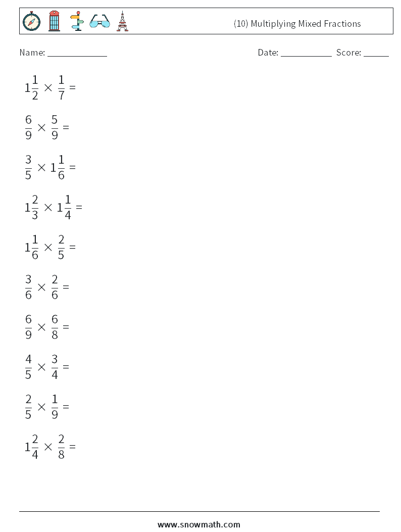 (10) Multiplying Mixed Fractions Math Worksheets 10
