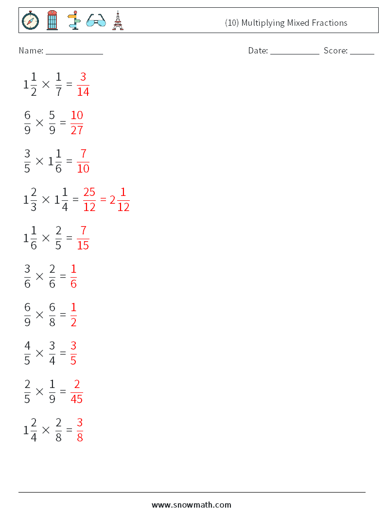 (10) Multiplying Mixed Fractions Math Worksheets 10 Question, Answer