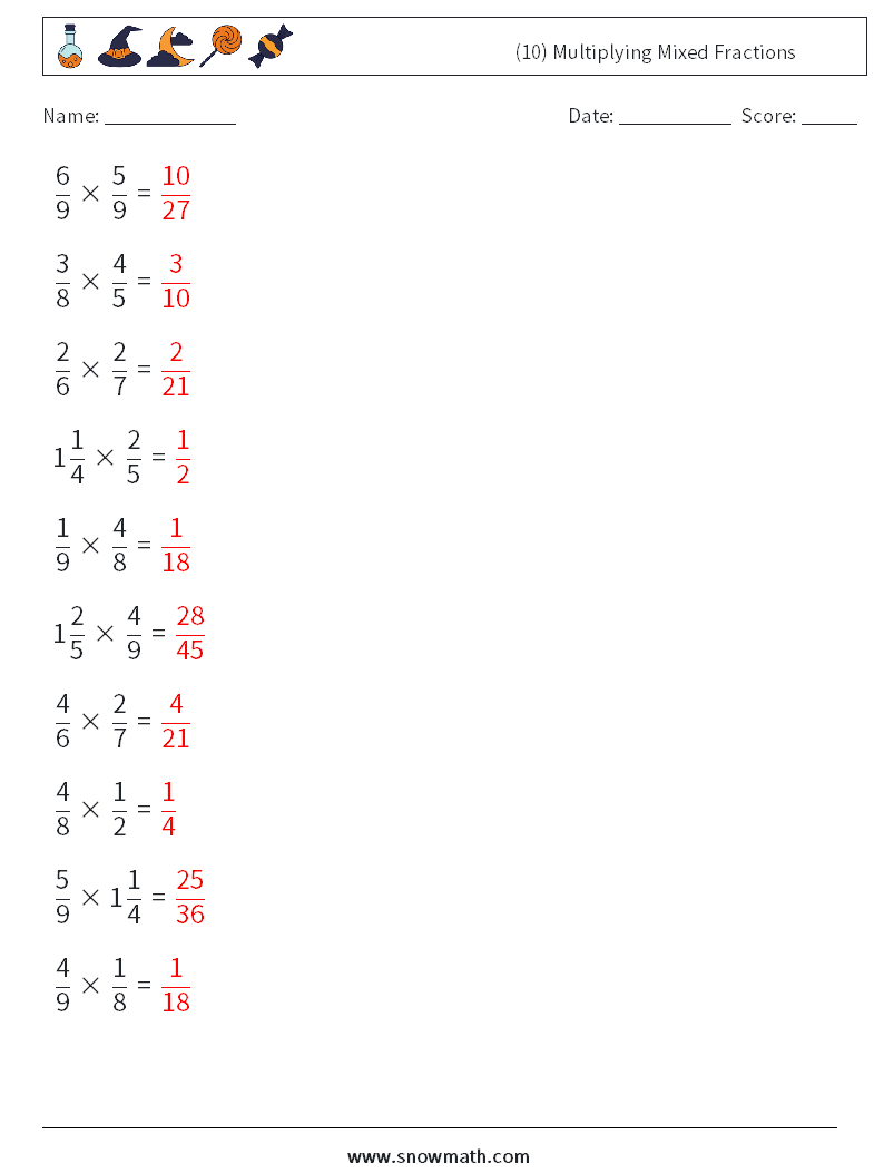(10) Multiplying Mixed Fractions Math Worksheets 11 Question, Answer
