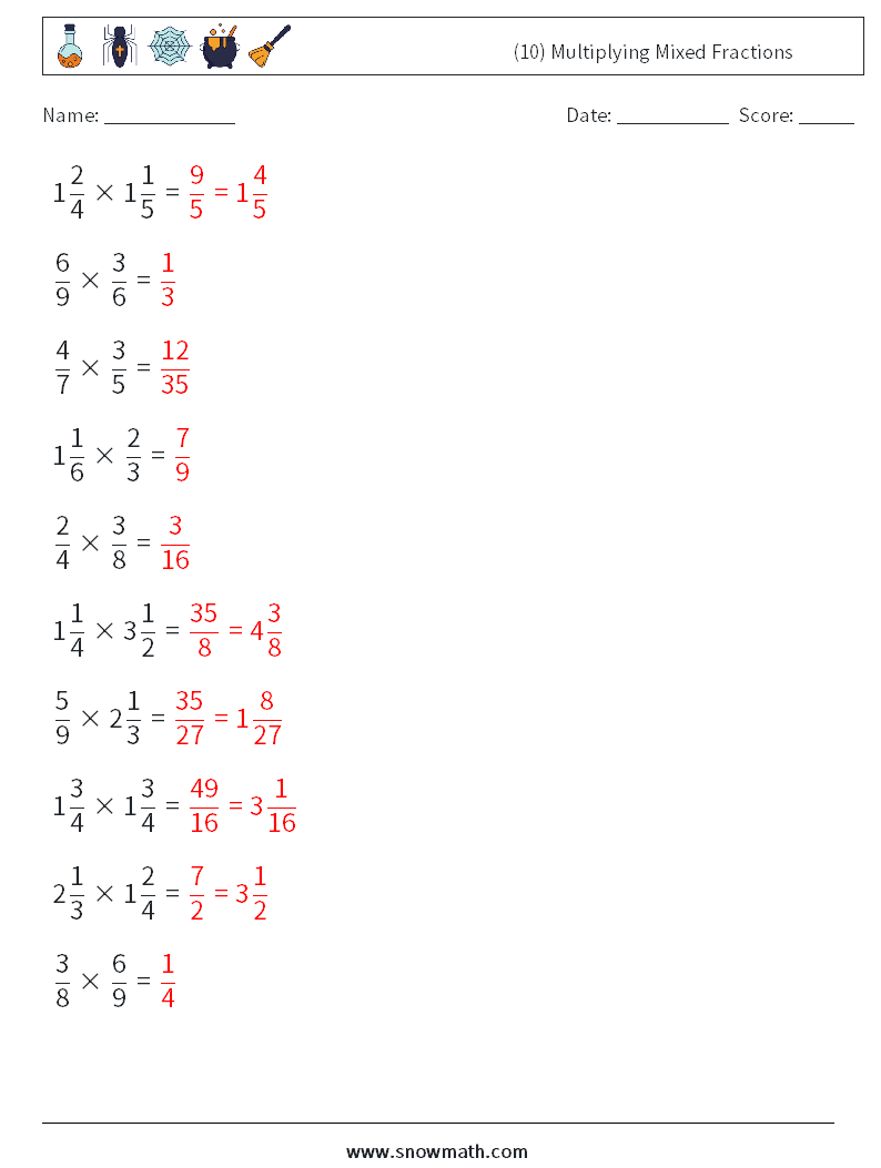 (10) Multiplying Mixed Fractions Math Worksheets 12 Question, Answer