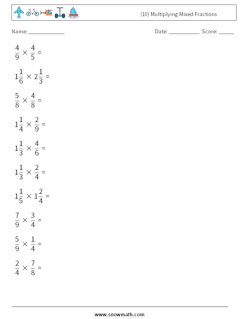 (10) Multiplying Mixed Fractions Math Worksheets 13