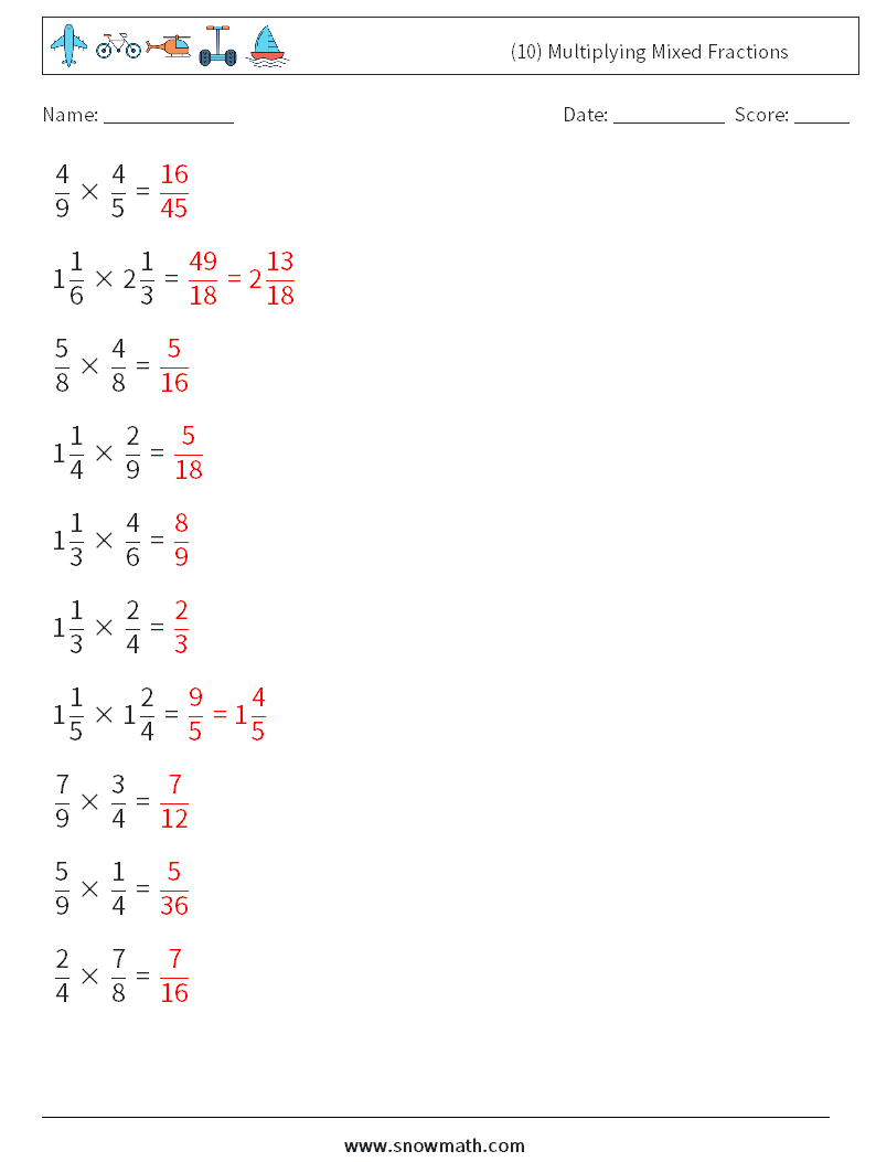 (10) Multiplying Mixed Fractions Math Worksheets 13 Question, Answer