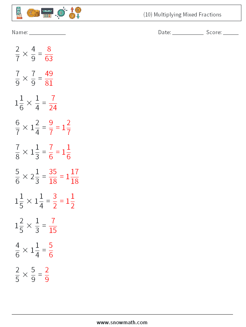 (10) Multiplying Mixed Fractions Math Worksheets 14 Question, Answer