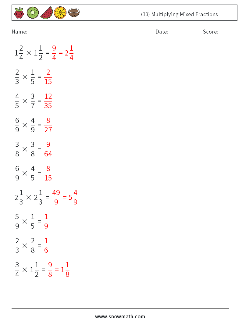 (10) Multiplying Mixed Fractions Math Worksheets 15 Question, Answer