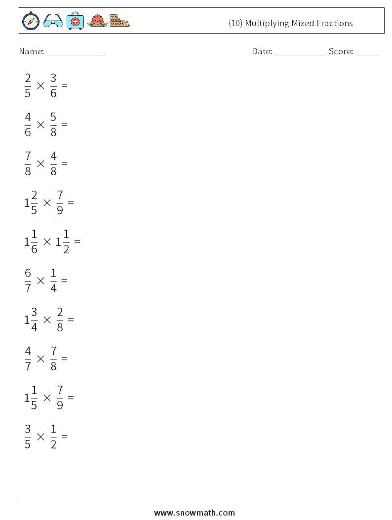 (10) Multiplying Mixed Fractions Math Worksheets 17