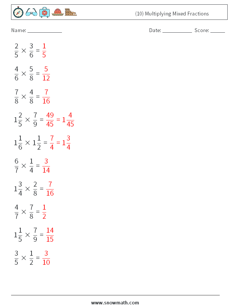 (10) Multiplying Mixed Fractions Math Worksheets 17 Question, Answer