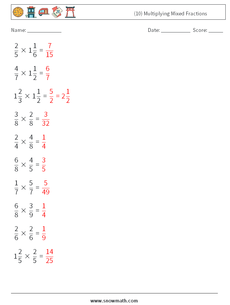 (10) Multiplying Mixed Fractions Math Worksheets 18 Question, Answer