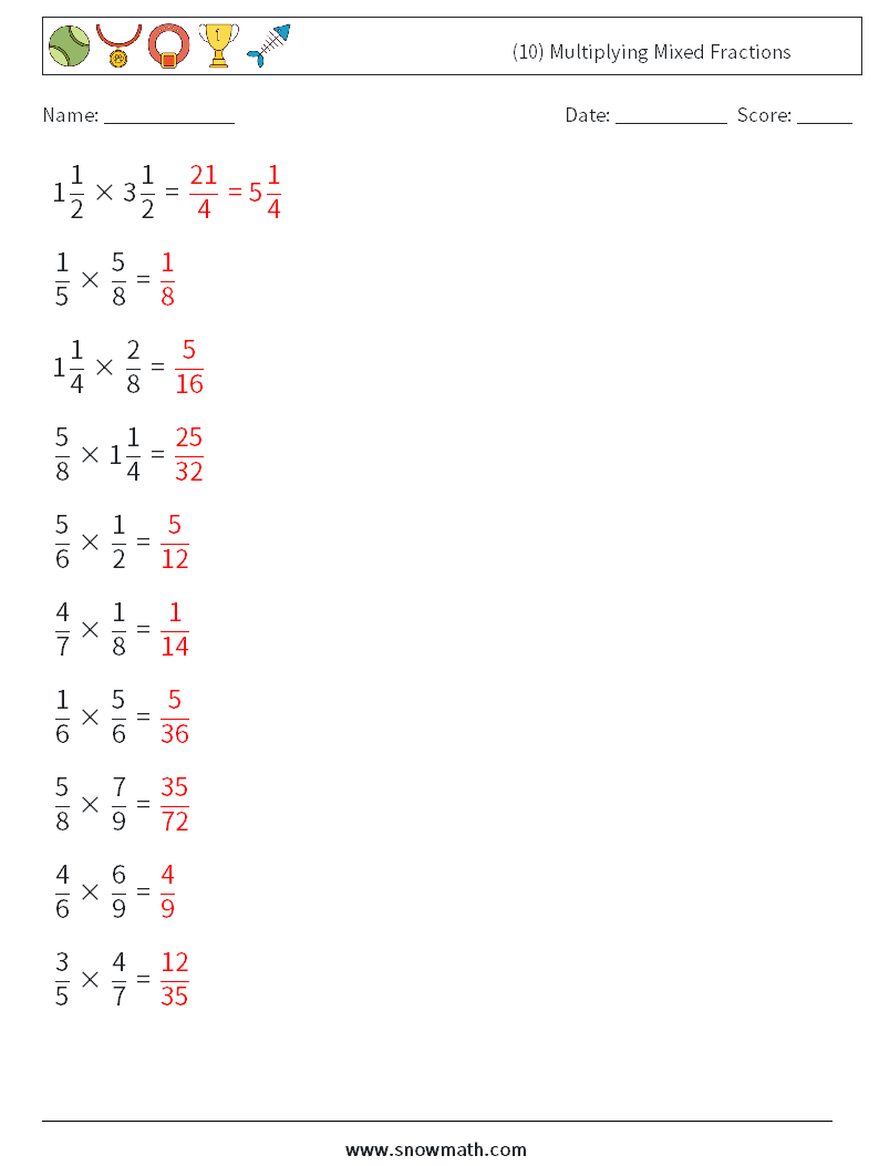 (10) Multiplying Mixed Fractions Math Worksheets 1 Question, Answer