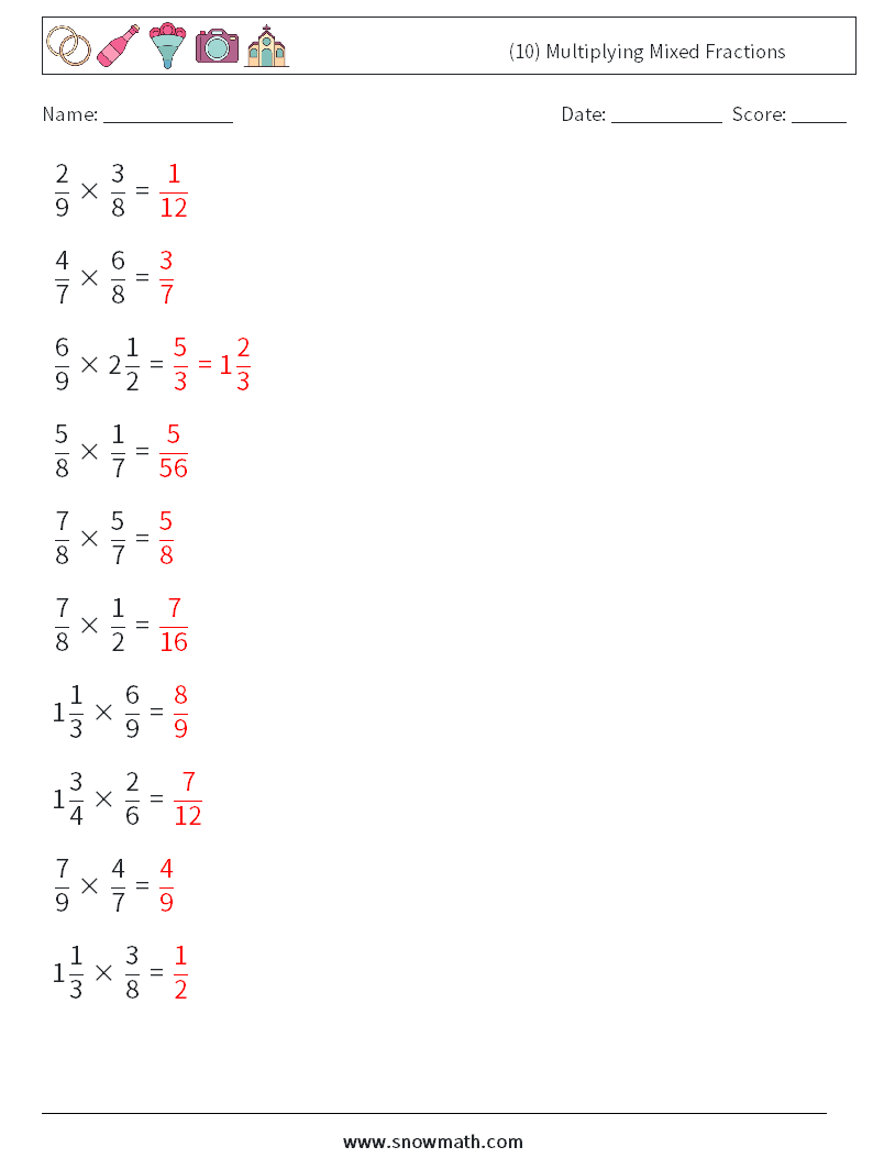 (10) Multiplying Mixed Fractions Math Worksheets 2 Question, Answer