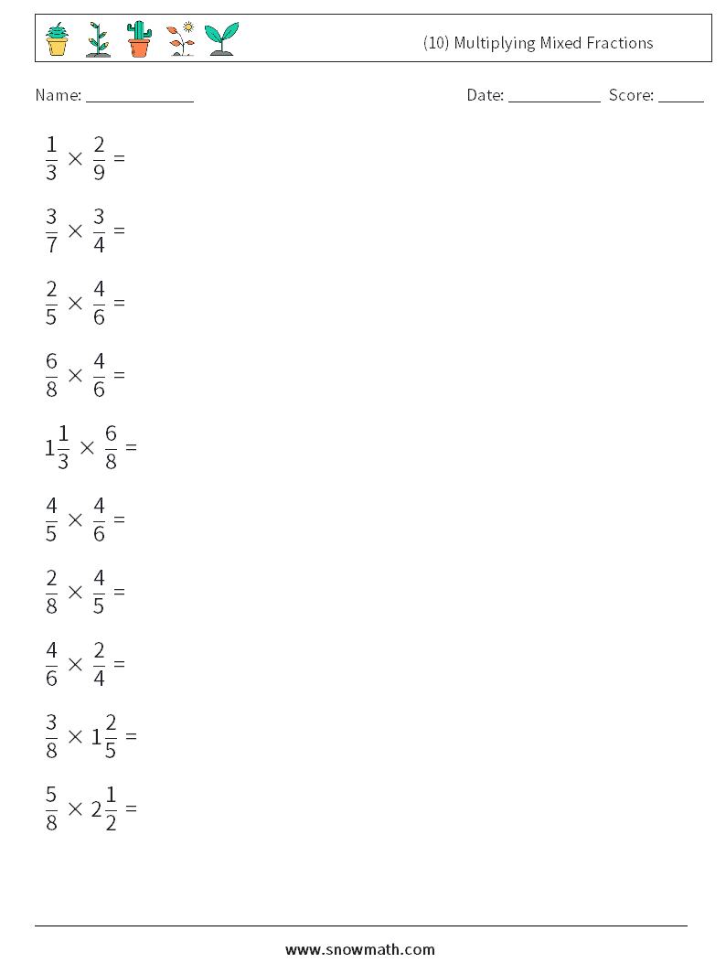 (10) Multiplying Mixed Fractions Math Worksheets 3