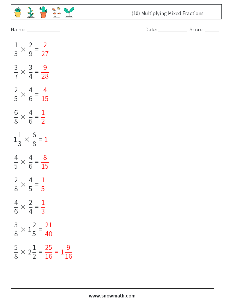 (10) Multiplying Mixed Fractions Math Worksheets 3 Question, Answer