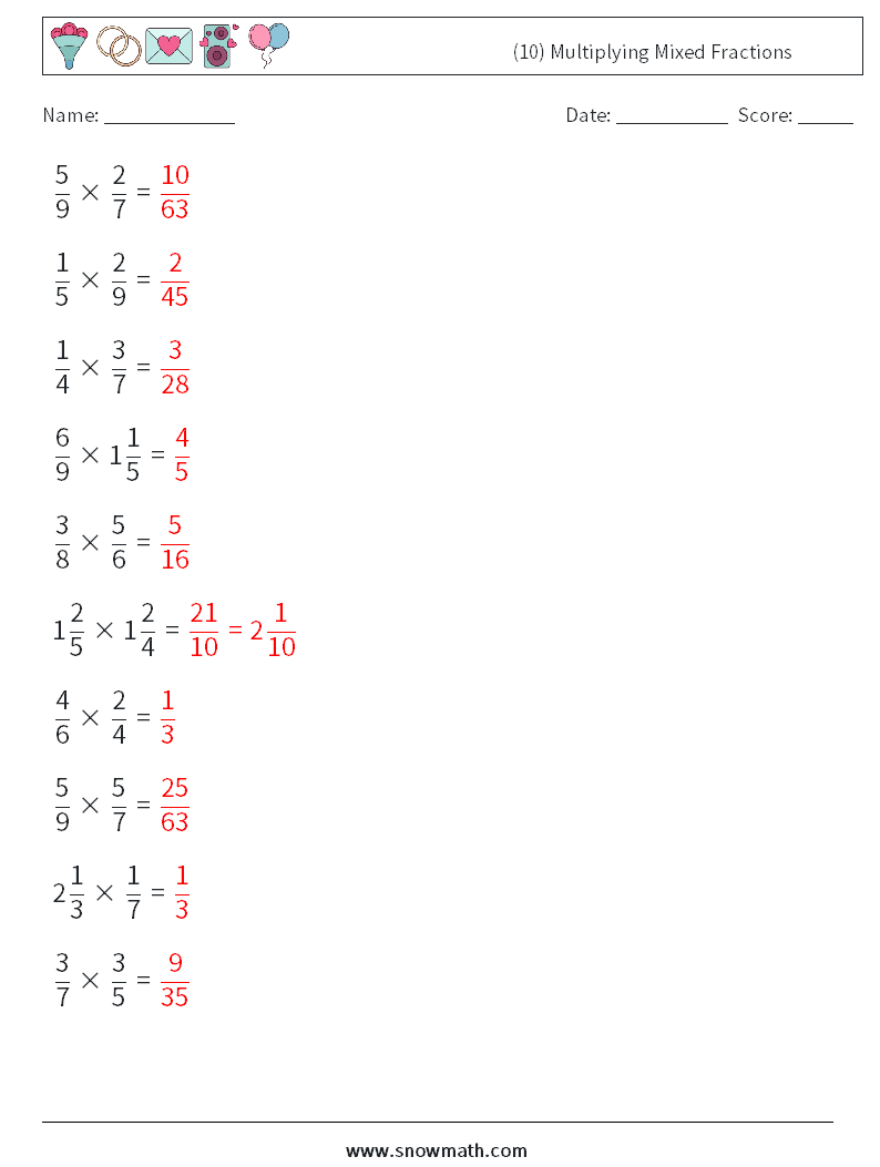 (10) Multiplying Mixed Fractions Math Worksheets 4 Question, Answer