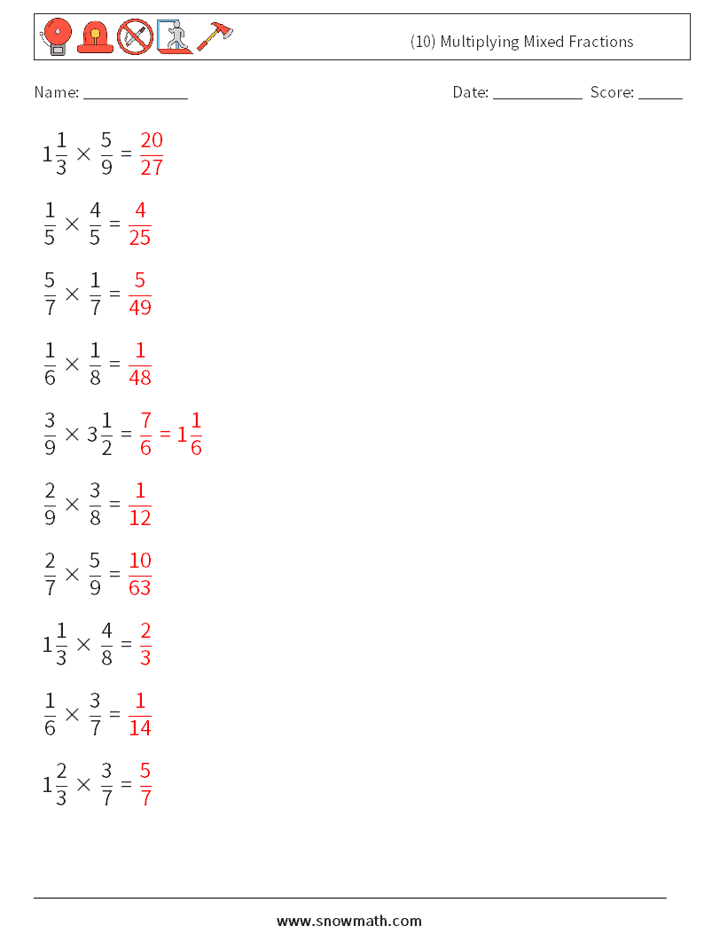 (10) Multiplying Mixed Fractions Math Worksheets 5 Question, Answer