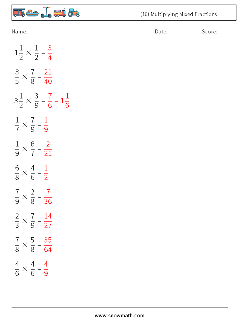 (10) Multiplying Mixed Fractions Math Worksheets 6 Question, Answer