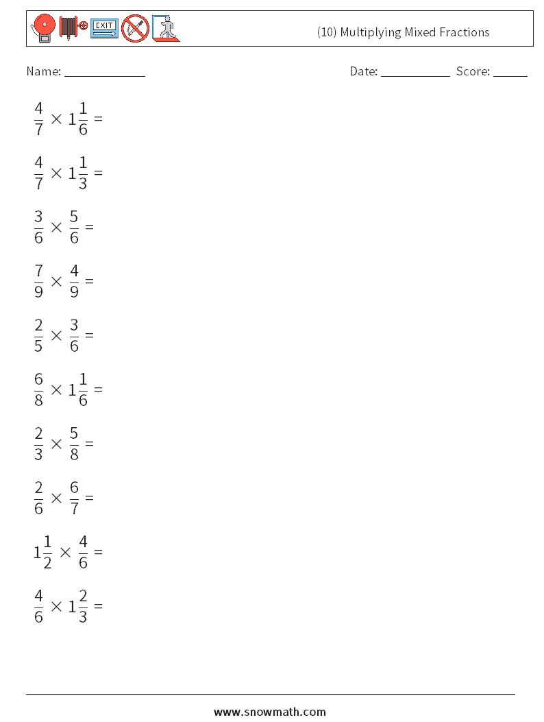 (10) Multiplying Mixed Fractions Math Worksheets 7