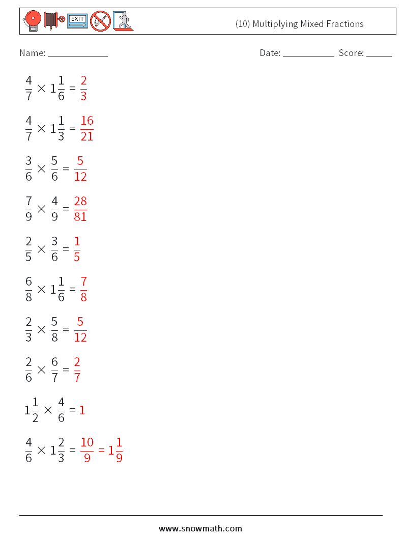 (10) Multiplying Mixed Fractions Math Worksheets 7 Question, Answer