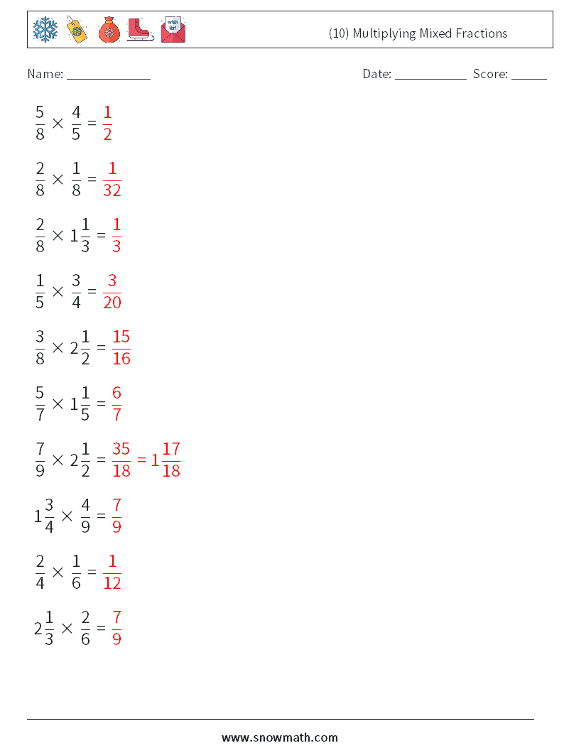 (10) Multiplying Mixed Fractions Math Worksheets 8 Question, Answer
