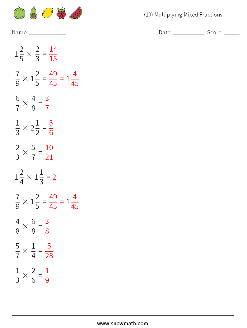 (10) Multiplying Mixed Fractions Math Worksheets 9 Question, Answer