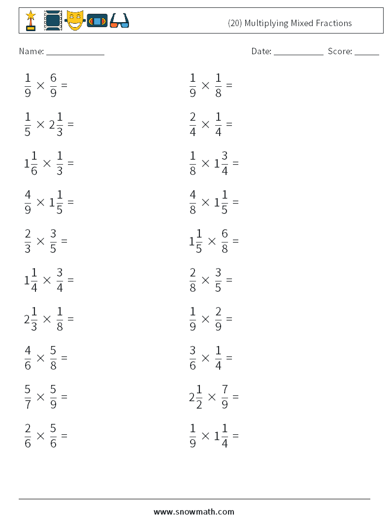 (20) Multiplying Mixed Fractions Math Worksheets 1