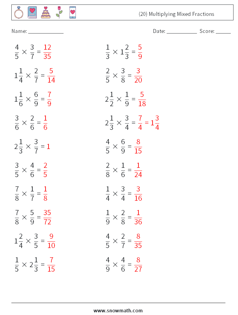 (20) Multiplying Mixed Fractions Math Worksheets 10 Question, Answer