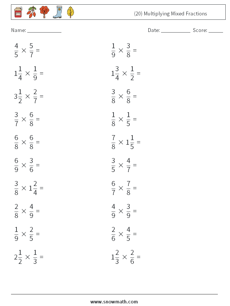 (20) Multiplying Mixed Fractions Math Worksheets 11