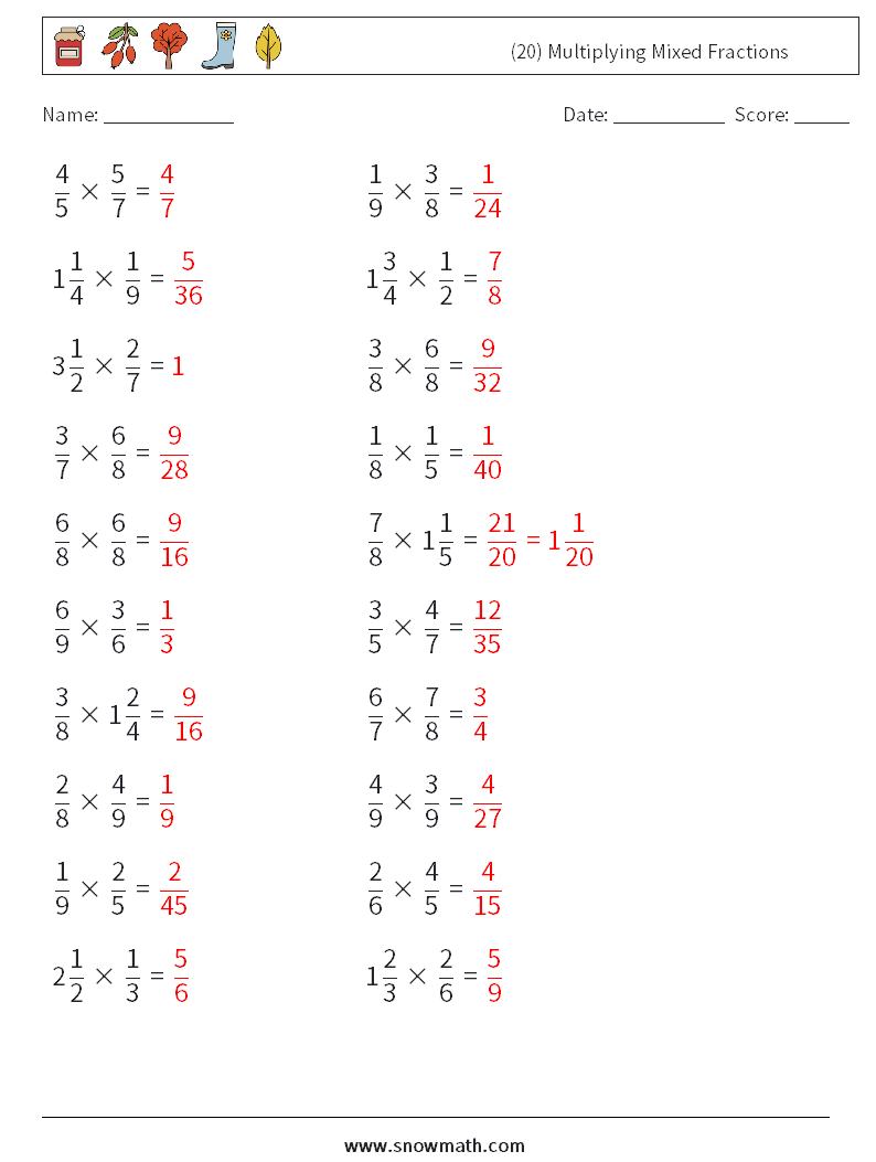 (20) Multiplying Mixed Fractions Math Worksheets 11 Question, Answer