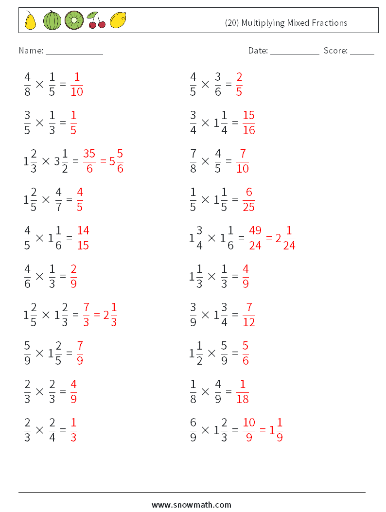 (20) Multiplying Mixed Fractions Math Worksheets 12 Question, Answer