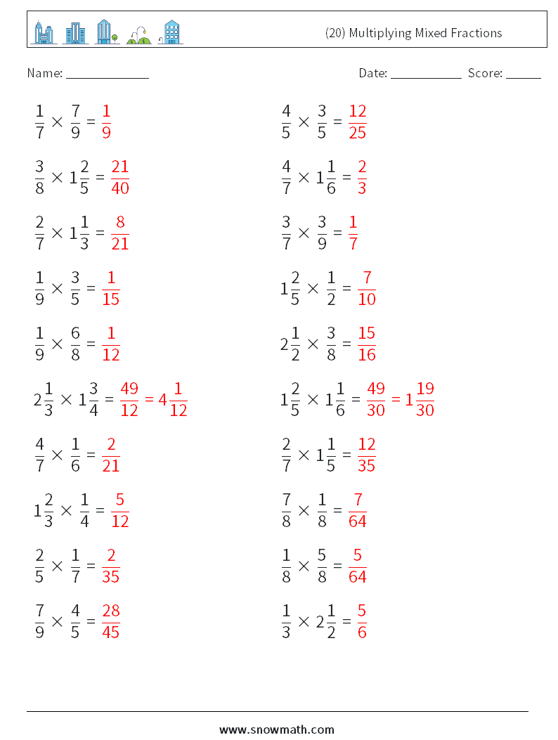 (20) Multiplying Mixed Fractions Math Worksheets 17 Question, Answer