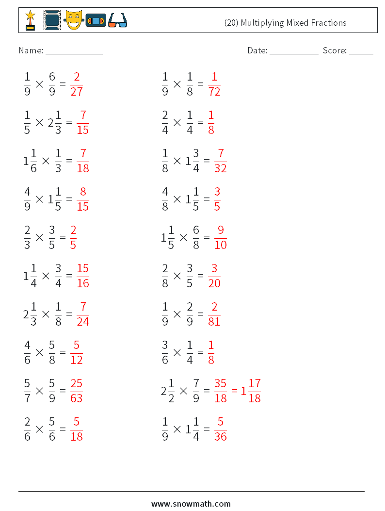 (20) Multiplying Mixed Fractions Math Worksheets 1 Question, Answer