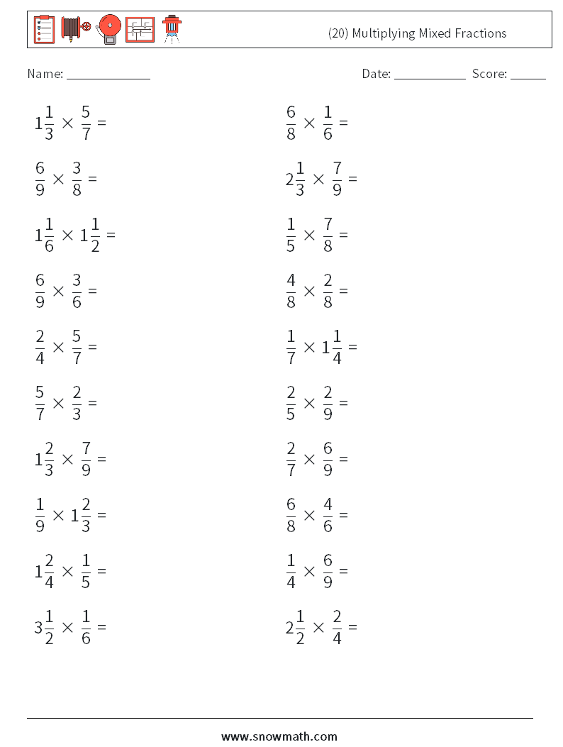 (20) Multiplying Mixed Fractions Math Worksheets 2