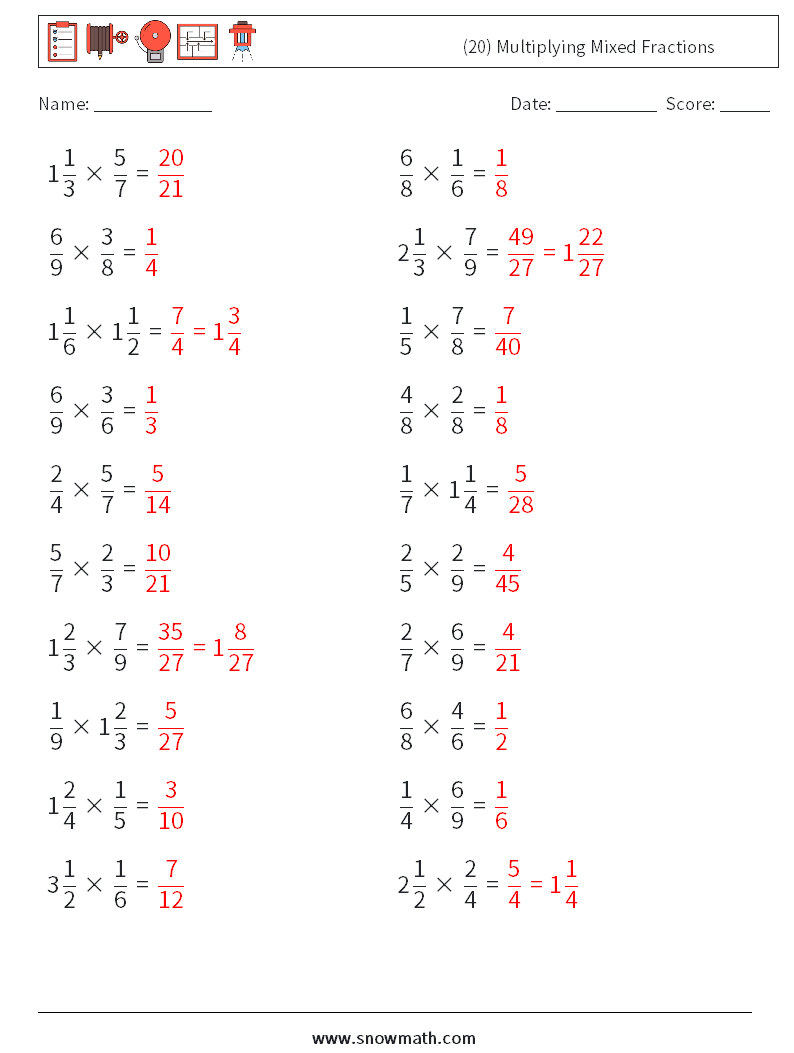 (20) Multiplying Mixed Fractions Math Worksheets 2 Question, Answer