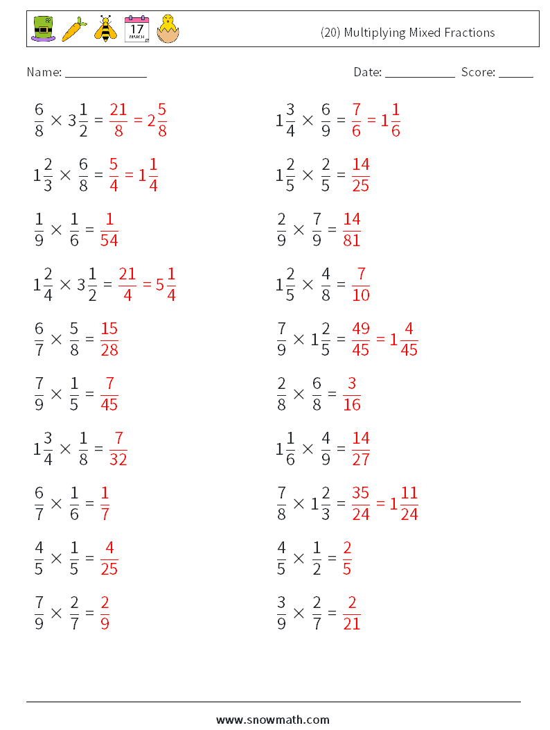 (20) Multiplying Mixed Fractions Math Worksheets 3 Question, Answer