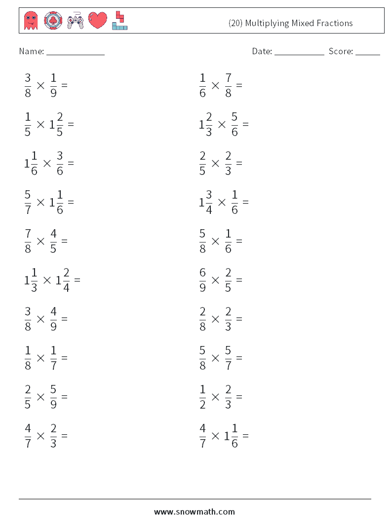 (20) Multiplying Mixed Fractions Math Worksheets 4