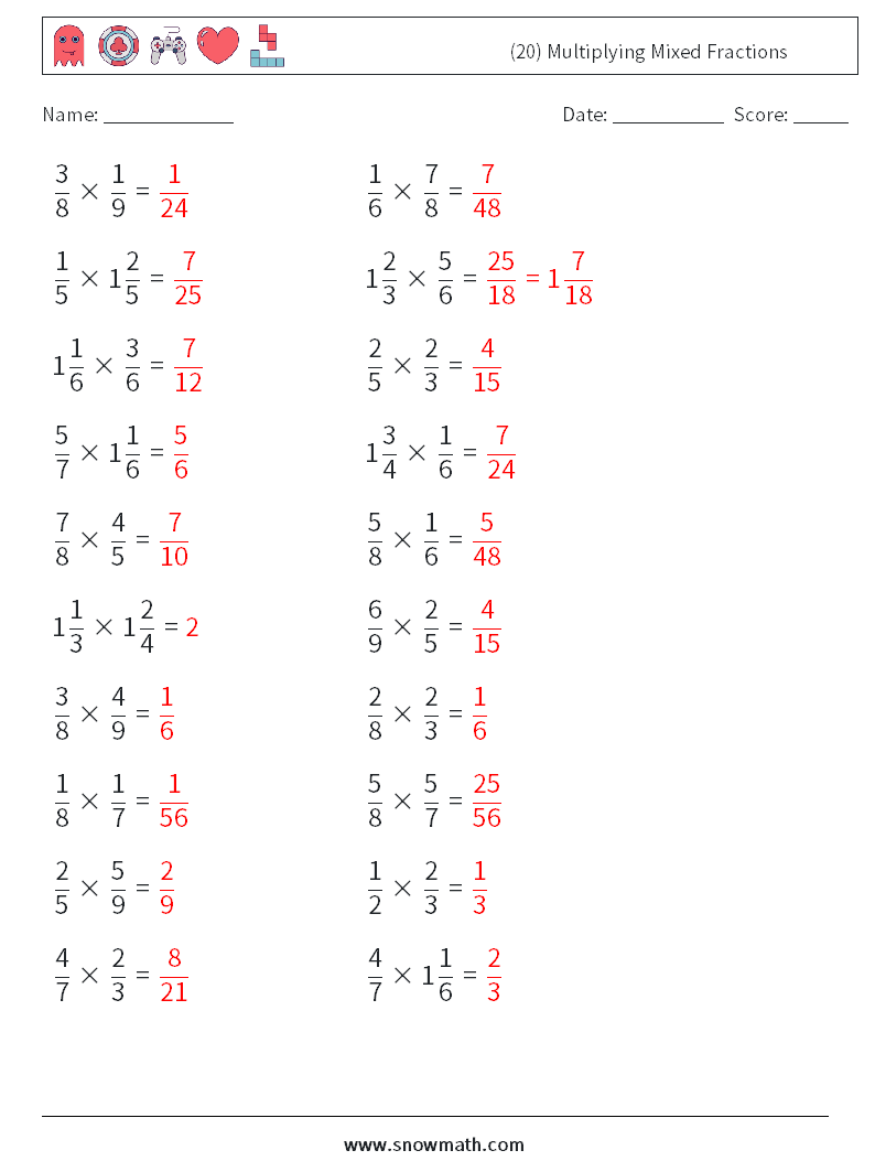 (20) Multiplying Mixed Fractions Math Worksheets 4 Question, Answer