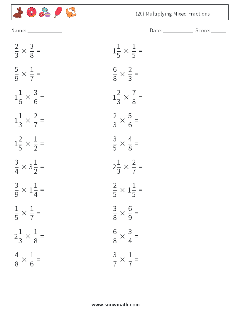 (20) Multiplying Mixed Fractions Math Worksheets 5