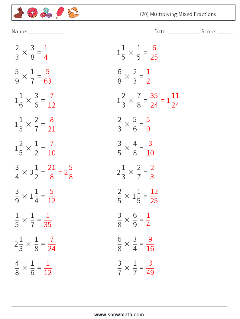 (20) Multiplying Mixed Fractions Math Worksheets 5 Question, Answer