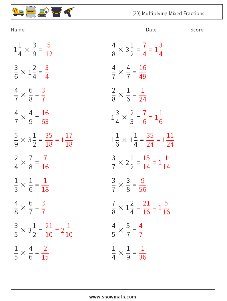 (20) Multiplying Mixed Fractions Math Worksheets 6 Question, Answer