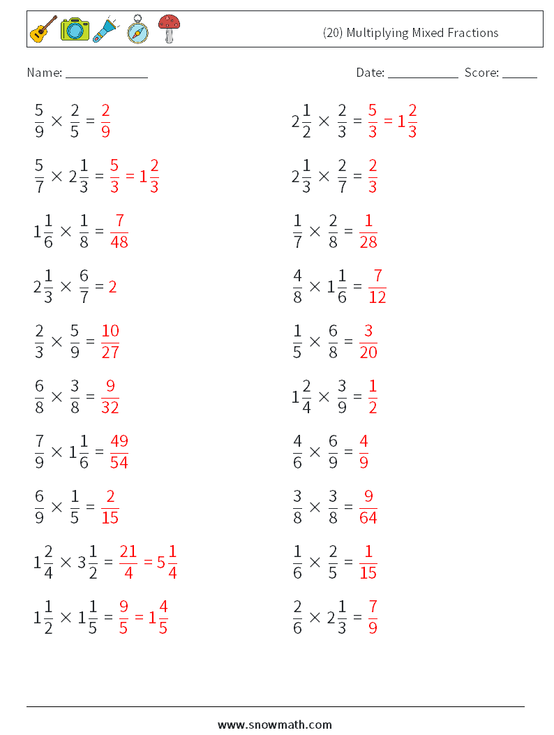 (20) Multiplying Mixed Fractions Math Worksheets 7 Question, Answer