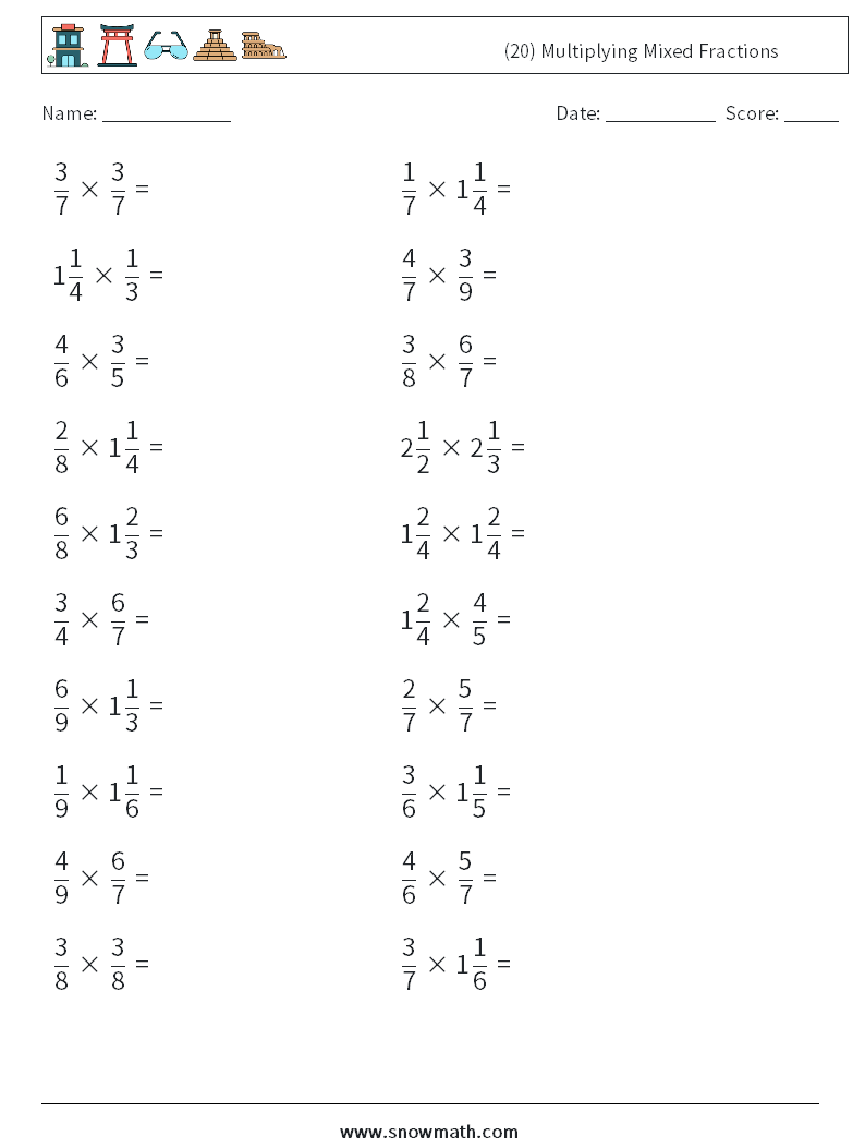 (20) Multiplying Mixed Fractions Math Worksheets 8