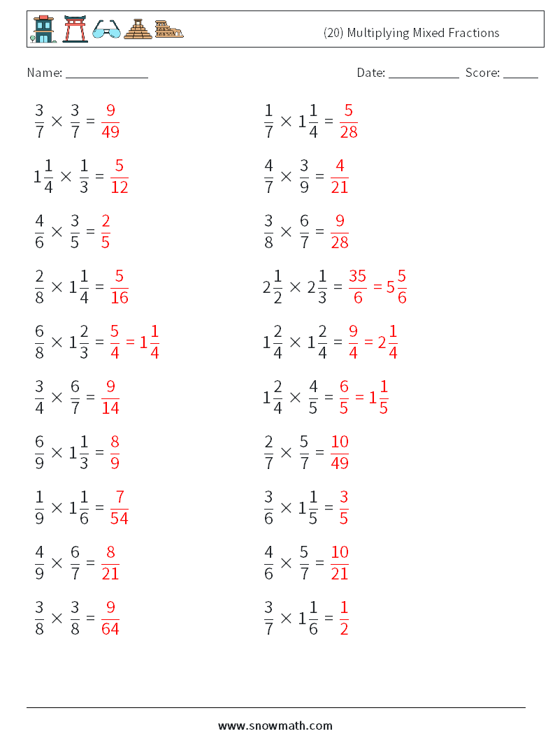 (20) Multiplying Mixed Fractions Math Worksheets 8 Question, Answer